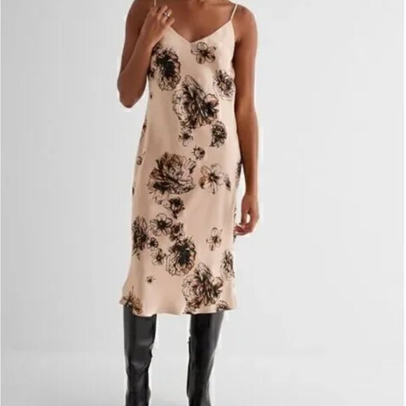 Satin Printed V-Neck Midi Downtown Cami Slip Dress Size Medium by Express - Picture 3 of 5